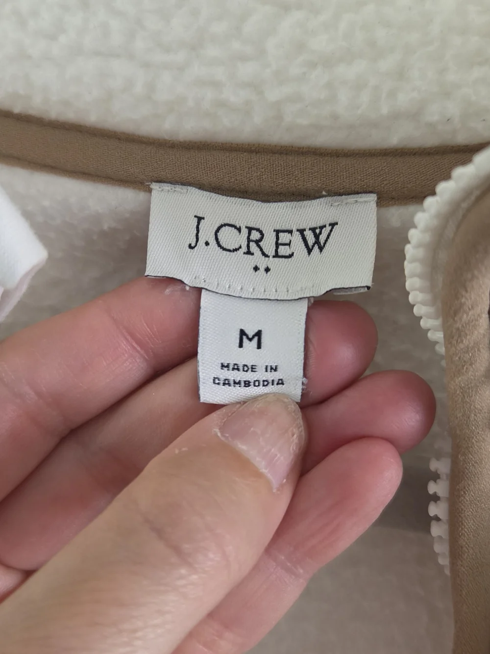 J. Crew Cream Sherpa Half-Zip Pullover with Tan Trim